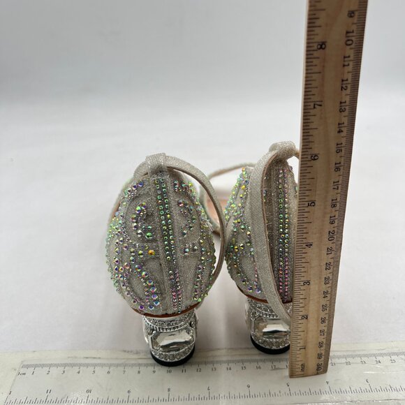 XYD White Bridal Evening Heels Peep Toe Rhinestone Studs Block Low Heeled Sandal - Picture 5 of 8